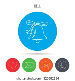 Ringing jingle bell icon. Sound sign. Alarm handbell symbol. Mail, download and speech bubble buttons. Like symbol. Vector