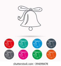 Ringing jingle bell icon. Sound sign. Alarm handbell symbol. Linear icons in circles on white background.