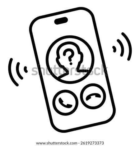 Ringing Mobile Phone with Unknown Caller vector icon, representing incoming calls, mystery callers, telemarketing, scam risk, and unidentified communication