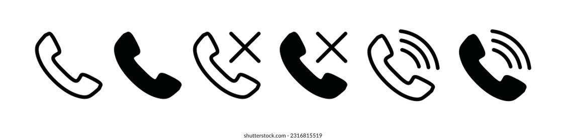 Ringing and mute phone icon set. Telephone, communication, call, contact us icon symbol in line and flat style on white background with editable stroke for app and website. Vector illustration