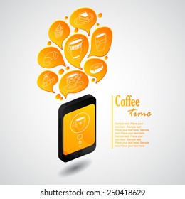Ringing phone with bubbles of coffee and tea cups. Sweet things. Coffee time