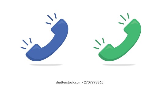 Vektorgrafik-Set für Rufzeichen. Blaues und grünes Telefonempfangssymbol für Kontakt, Support und Kommunikation.