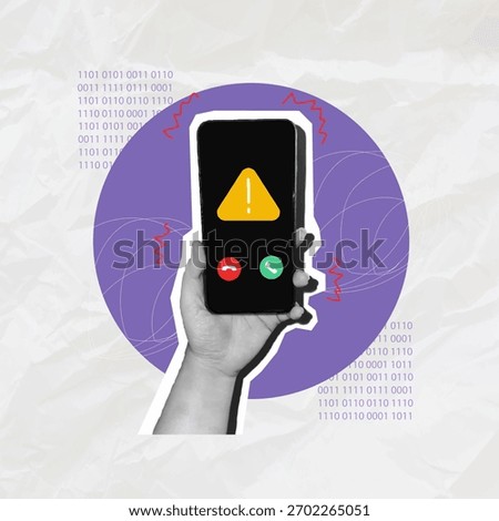 Ringing phone detector with warning icon and exclamation mark on the concept of Selecting login and password, Internet scammer, Contemporary art collage, White background