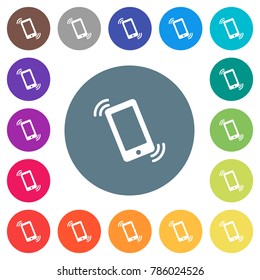 Ringing phone flat white icons on round color backgrounds. 17 background color variations are included.