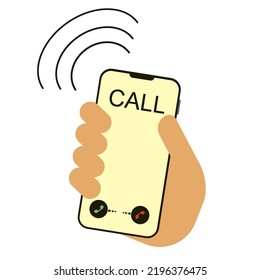Llamando al teléfono en forma plana. Ilustración vectorial de sondeo de teléfono móvil con ondas de señal y vibración
