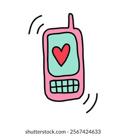 Ringing phone with heart in doodle style. Cute hand drawn phone heart, perfect for sending love messages on Valentine's Day. Ideal phone heart design for romantic greetings and heartfelt connections