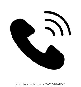 ringing phone icon with a clean and clear design, depicting the moment a device receives an incoming call. Curved lines around the handset represent vibration or ringtone sound, making it a universal