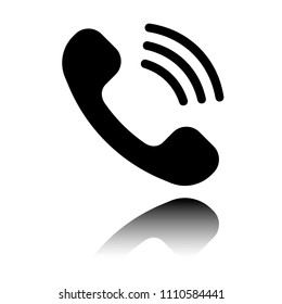 Ringing phone icon. Retro symbol. Black icon with mirror reflection on white background