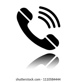 Ringing phone icon. Retro symbol. Black icon with mirror reflection on white background