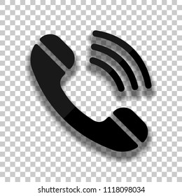 Ringing phone icon. Retro symbol. Black glass icon with soft shadow on transparent background