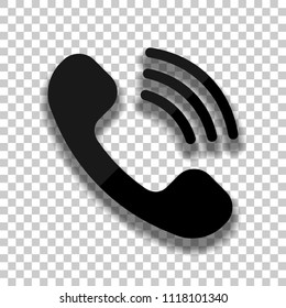 Ringing phone icon. Retro symbol. Black glass icon with soft shadow on transparent background