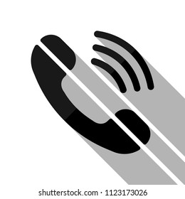 Ringing phone icon. Retro symbol. Black object with long shadow on white background