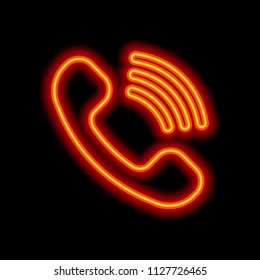 Ringing phone icon. Retro symbol. Orange neon style on black background. Light icon