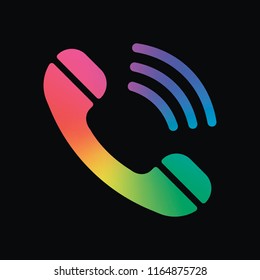 Ringing phone icon. Retro symbol. Rainbow color and dark background