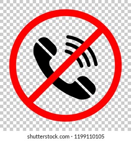 Ringing phone icon. Retro symbol. Not allowed, black object in red warning sign with transparent background