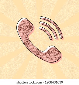 Ringing phone icon. Retro symbol. Vintage retro typography with offset printing effect. Dots poster with comics pop art background