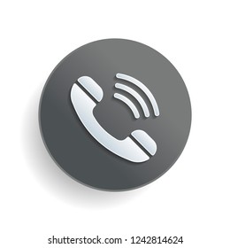 Ringing phone icon. Retro symbol. White paper symbol on gray round button or badge with shadow