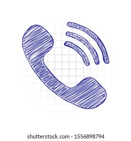 Ringing phone icon. Retro symbol. Hand drawn sketched picture with scribble fill. Blue ink. Doodle on white background
