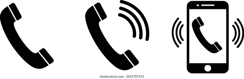 Ringing phone icon set. Telephone call sign. Smartphone ringing symbol on Transparent background.