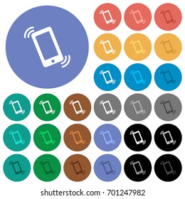 Ringing phone multi colored flat icons on round backgrounds. Included white, light and dark icon variations for hover and active status effects, and bonus shades on black backgounds.