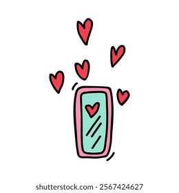 Ringing phone with red hearts in doodle style. Cute hand drawn phone hearts, perfect for conveying love messages on Valentine's Day. Ideal phone hearts design for romantic calls, heartfelt connections