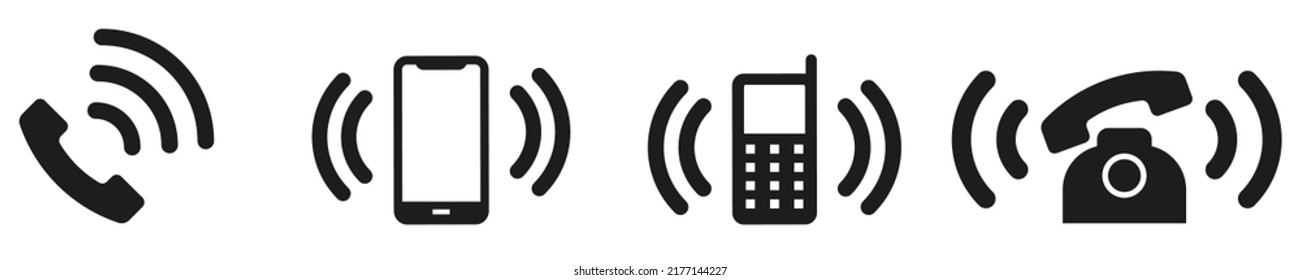 Ringing phone simple icon set. Phone icon in black with waves. Flat vector icon for apps and websites in linear style. Vector EPS 10