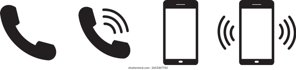 Conjunto de iconos simples de teléfono sonando. Vector del icono del sistema del Sitio web, señal negra del icono de la llamada, timbre del smartphone, smartphone con una pantalla en blanco,
