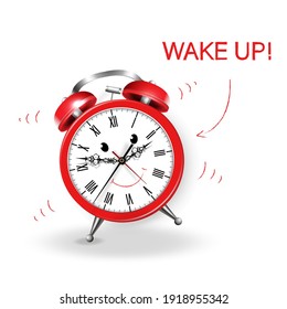 Ringing red alarm clock with wake up inscription.