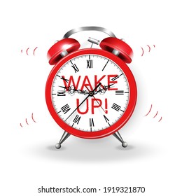 Ringing red alarm clock with wake up inscription.