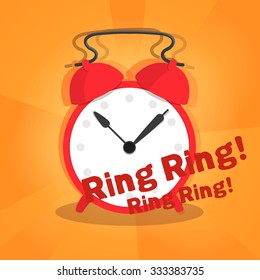 Ringing red alarm on orange radial background. Vector ringing clocks.