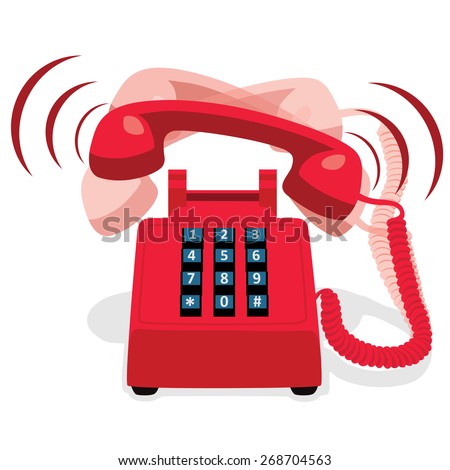 Ringing red stationary phone with button keypad. Vector illustration.
