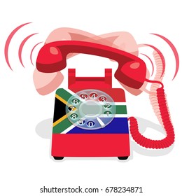 Ringing red stationary phone with flag of Republic of South Africa. Vector illustration.