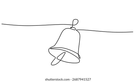 Tocando la campana de la escuela en estilo de arte de línea continua. Una simple campana de metal, dibujada a mano en estilo minimalista. Ilustración vectorial de los horarios escolares y de la rutina en el aula.