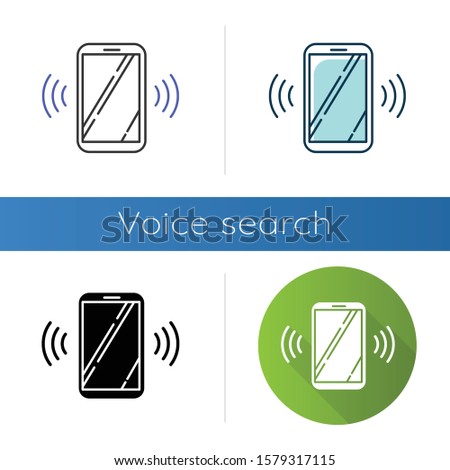 Ringing smartphone icons set. Mobile voice control idea. Sound command. Loud volume, audio frequency. Phone call, vibro signal. Linear, black and color styles. Isolated vector illustrations
