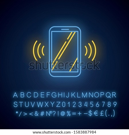 Ringing smartphone neon light icon. Mobile voice control idea. Sound command. Loud volume, audio frequency. Glowing sign with alphabet, numbers and symbols. Vector isolated illustration