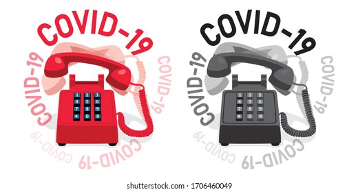 Ringing stationary retro phone with button keypad COVID-19. Vector illustration.