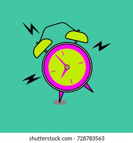 Ringing vector cartoon flat alarm clock with zippers