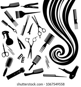 Ringlet of hair and the hairdresser's tools - a vector illustration