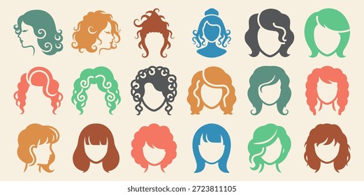 Iconos del pelo del ringlet. Conjunto de iconos sólidos y llenos de símbolos de cabello ringlet belleza, feminidad, elegancia