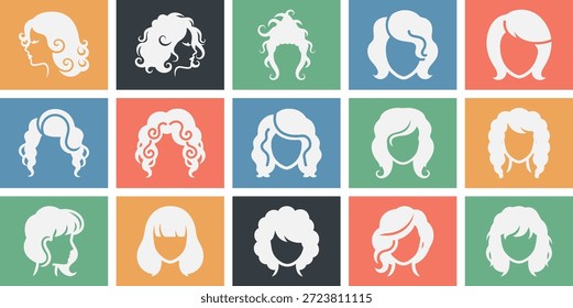 Iconos del pelo del ringlet. Conjunto de iconos sólidos y llenos de símbolos de cabello ringlet belleza, feminidad, elegancia, libertad