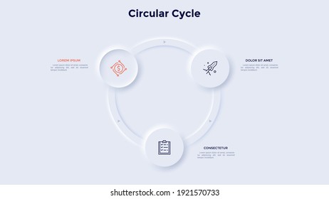 Ring-like chart with 3 circular elements. Concept of three steps of manufacturing cycle. Neumorphic infographic design template. Modern vector illustration for cyclic business process visualization.