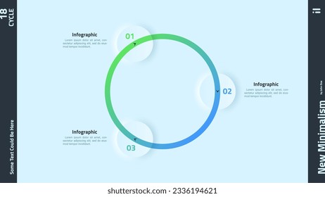 Ring-like chart with 3 circular elements. Concept of three steps of manufacturing cycle. Neumorphic infographic design template. Modern vector illustration for cyclic business process visualization.