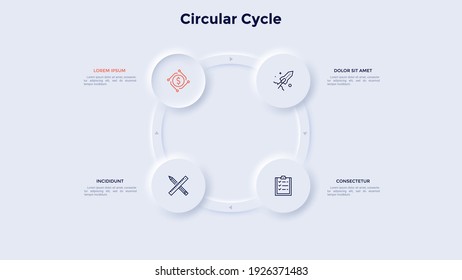 Ring-like Chart With 4 Circular Elements. Concept Of Four Steps Of Manufacturing Cycle. Neumorphic Infographic Design Template. Modern Vector Illustration For Cyclic Business Process Visualization.