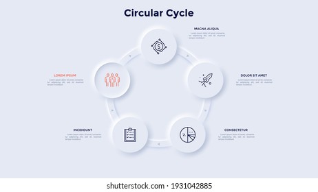 Ring-like Chart With 5 Circular Elements. Concept Of Five Steps Of Manufacturing Cycle. Neumorphic Infographic Design Template. Modern Vector Illustration For Cyclic Business Process Visualization.