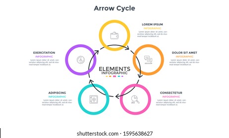 Ring-like chart with 5 round elements connected by arrows. Concept of five stages of cyclic process. Flat infographic design template. Simple vector illustration for business information visualization