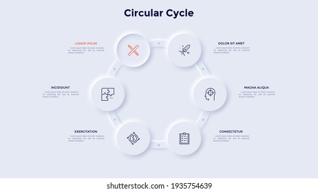 Ring-like chart with 6 circular elements. Concept of six steps of manufacturing cycle. Neumorphic infographic design template. Modern vector illustration for cyclic business process visualization.