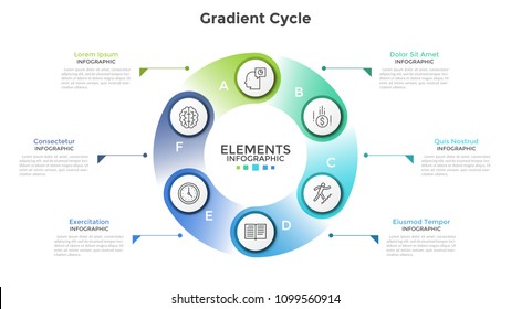 Ring-like chart with 6 circular paper white elements, linear icons, letters and place for text. Concept of cyclic process with six steps. Creative infographic design template. Vector illustration.