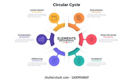 Ring-like chart with 6 colorful bubble protuberances. Concept of six stages of cyclic process. Flat infographic design template. Simple vector illustration for closed business cycle visualization.