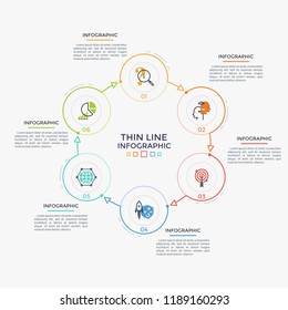 Ring-like chart with 6 colorful round elements, numbers and linear icons connected by arrows. Concept of closed business cycle with six stages. Simple infographic design template. Vector illustration.