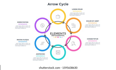 Ring-like chart with 6 round elements connected by arrows. Concept of six stages of cyclic process. Flat infographic design template. Simple vector illustration for business information visualization.